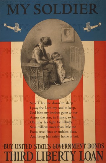 U.S Government Bonds Poster, "My Solder, Buy United States Government Bonds, Third Liberty Loan, Mother and Child Praying with Portrait of Soldier on Wall, H.H. Green, Lithograph, 1917