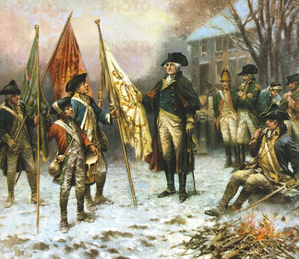 General George Washington Standing with Group of Soldiers Looking at Flags Captured from the British during Battle of Trenton, 1776, Lithograph by Hayes Litho Co from a Painting by Percy Moran, 1914