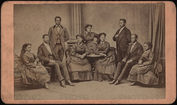 Group Portrait of Fisk University Jubilee Singers, with (from l. to r.) Minnie Tate, Greene Evans, Isaac Dickerson, Jennie Jackson, Maggie Porter, Ella Sheppard, Thomas Rutling, Benjamin Holmes, and Eliza Walker, William A. Gladstone Collection of African American Photographs, 1870s'