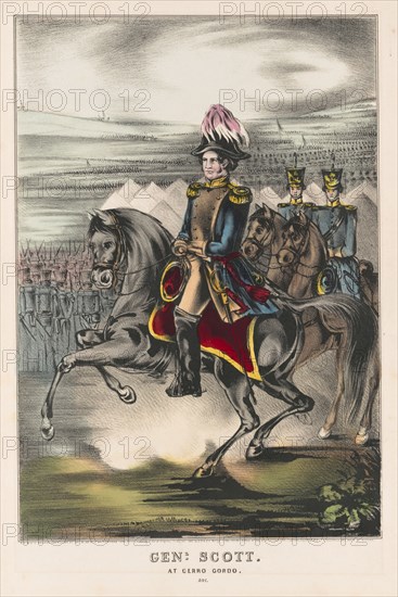 Genl. Scott at Cerro Gordo, General Winfield Scott, Full-length Portrait, Wearing Military Uniform, Riding on Horseback with Soldiers in Background, Battle of Cerro Gordo, Mexico, Lithograph, E.B. & E.C. Kellogg, 1847