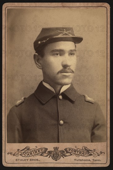 Head and Shoulders Portrait of Buffalo Soldier, African American Officer, Lt. 1st Infantry, Four-Button Sack Coat and Hat, Cabinet Card, Staley Bros., William A. Gladstone Collection of African American Photographs, 1866