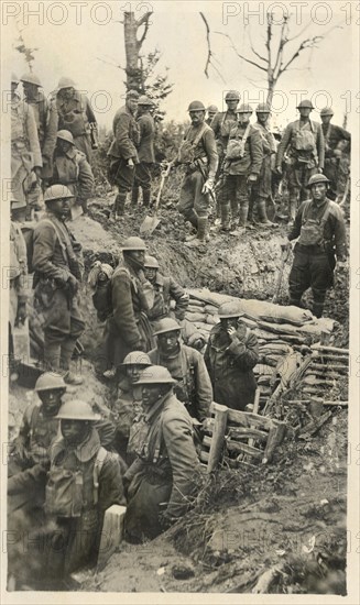 Engineers of 302nd Engineer Regiment Repairing Roadway over Trench, African American Soldiers of  92nd Infantry Division in Trench Preparing for Action, Argonne Forest, France, 1918