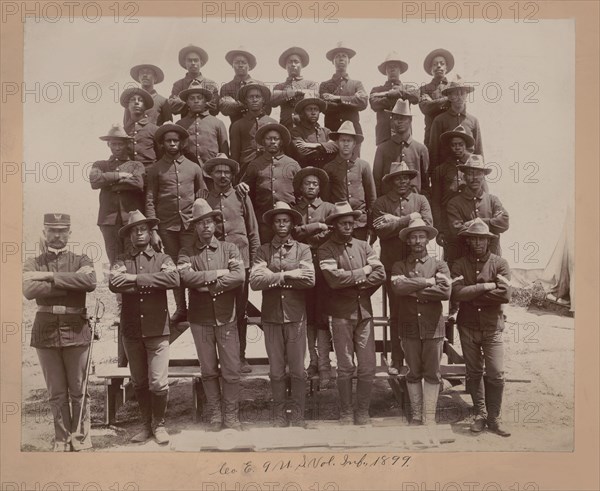Group Portrait of African American Soldiers in Co. E, 9th United States Volunteer Infantry who fought in the Spanish-American War, by L. Leland Barton, 1899