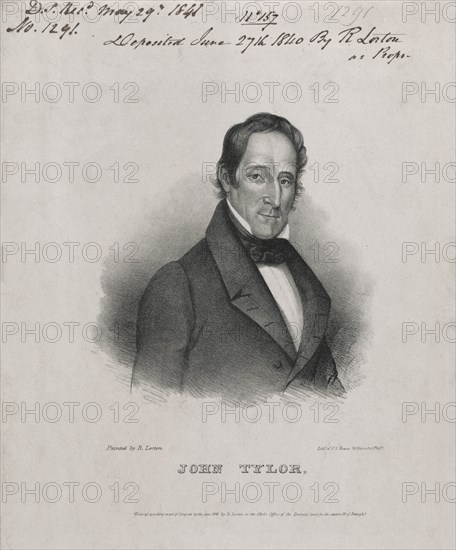 John Tyler (1790-1862), 10th President of the United States, Head and Shoulders Portrait, Lithograph by John T. Bowen from a Painting by R. Lorton, 1840
