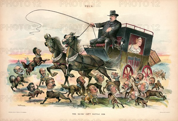 Political Cartoon Featuring U.S. President Grover Cleveland driving a Stagecoach, The "Ki-yis" Can't Rattle Him, Drawn by J.S. Pughe, Lithograph by J. Ottoman Lith. Co., Puck Magazine, Keppler & Schwarzmann, March 13, 1895