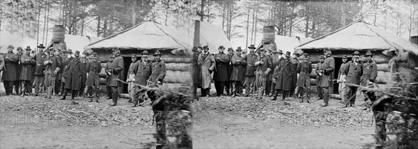 Generals George G Meade, John Sedgwick and Robert O. Taylor with Staff Officers at Horse Artillery Headquarters, Brandy Station, Virginia, Stereo Card, February 1864