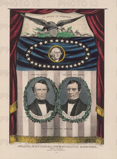 Presidential Campaign Banner, Bust Portraits for President, Franklin Pierce, President, For Vice President, William R. King, George Washington, Grand, National, Democratic Banner, Press Onward, Portraits from Daguerreotype, Lithograph by Nathaniel Currier, 1852