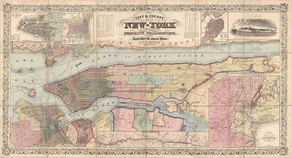 City and County Map of New York, Brooklyn, Williamsburgh, Jersey City and the Adjacent Waters, Published by J.H. Colton & Co., New York, 1857