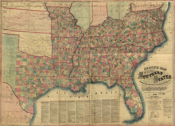 Lloyd's Map of the Southern States showing all the Railroads, their Stations & Distances, Published by James T. Lloyd, New York, 1862