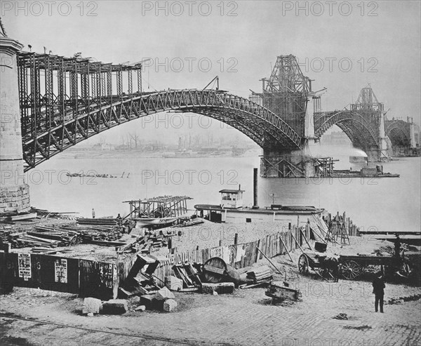 St. Louis Bridge Under Construction, "The Erection. Ribs Completed and Roadways Begun.", A History of the St. Louis Bridge by C.M. Milton, Published by G.I. Jones and Co., 1881
