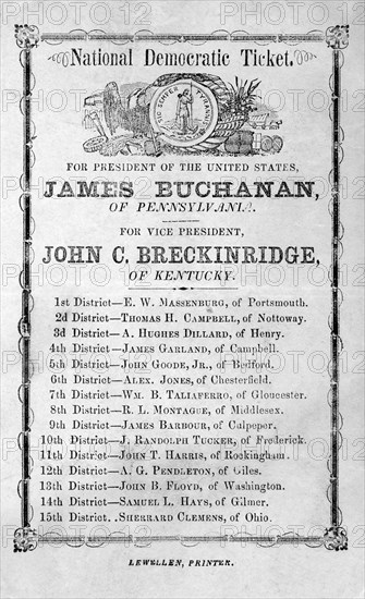 National Democratic Ticket for President of the United States, James Buchanan of Pennsylvania, For Vice President John C. Breckinridge of Kentucky, Lewellen, Printer, 1856