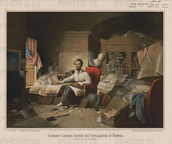Abraham Lincoln, Writing the Proclamation of Freedom, January 1, 1863, Painted by David Gilmour Blythe, Lithograph by Ehrgott, Forbriger & Co., Published by M. Dupuy, Pittsburgh, 1864