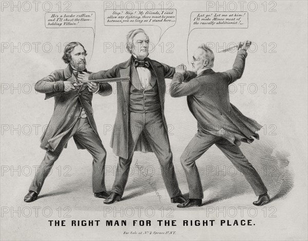 "the Right Man for the Right Place", Political Cartoon featuring U.S. Presidential Candidates John C. Fremont, Millard Fillmore & James Buchanan, Nathaniel Currier, 1856