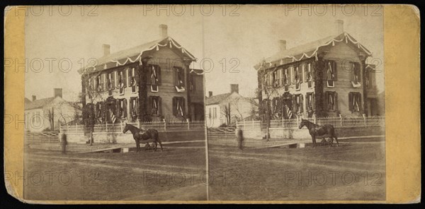 Street View of Abraham Lincoln's Home draped in Mourning on the day of his Funeral, Springfield, Illinois, USA, Photograph by Ridgeway Glover, April 1865