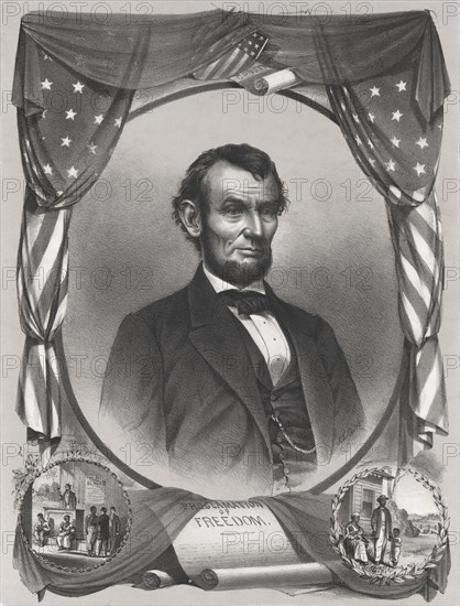 Abraham Lincoln, Head and Shoulders Portrait, with Vignettes Showing Slave Auction, and Emancipated Slaves, Sheet of Paper Labeled "Proclamation of Freedom.", Published by J. Gibson, 1865