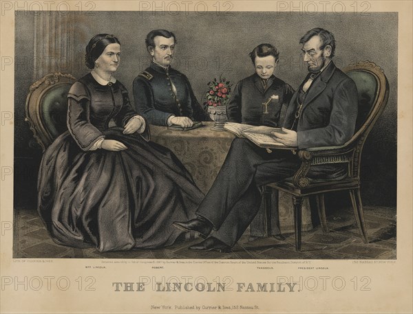 The Lincoln Family, from Left Mary Todd Lincoln, Robert Lincoln, Thomas Lincoln, Abraham Lincoln, Lithograph by Currier & Ives, 1867