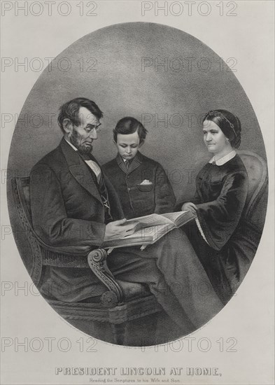 President Lincoln at Home, Reading the Scriptures to his Wife and Son, Currier & Ives, 1865