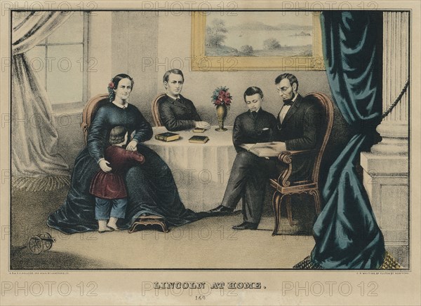 Lincoln at Home, Portrait of Abraham Lincoln with Wife Mary Todd Lincoln (sitting at left) and sons Thomas (standing with Mary), Robert (sitting center) and William (standing at right with Lincoln), Lithograph by E.B. & E.C. Kellogg, Published by George Whiting, 1865