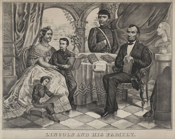 Lincoln and his Family, Portrait of Abraham Lincoln with Wife Mary Todd Lincoln (sitting at left) and sons Willie (standing with Mary), Robert (standing center) and Thomas (sitting at left), Lithograph by D. Weist from a drawing by Ad. Biegmann, Published by William Smith, 1860's