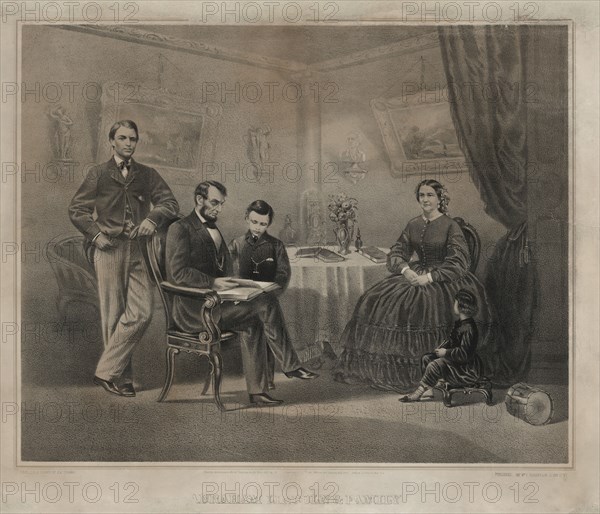 Abraham Lincoln and Family, from left Robert Lincoln, Abraham Lincoln, William Lincoln, Mary Todd Lincoln, Thomas Lincoln, drawn by H.A. Thomas, Published by William C. Robertson, 1865