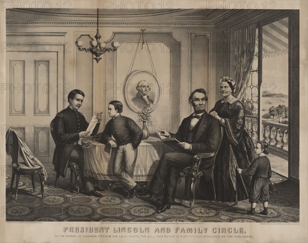 President Lincoln and Family Circle, from left Robert Lincoln, William Lincoln, Abraham Lincoln, Mary Todd Lincoln, Thomas Lincoln, Engraved by J.L. Giles, Published by Lyon & Co., 1867