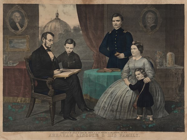 Abraham Lincoln and his Family, from Left Abraham Lincoln, William Lincoln, Robert Lincoln, Mary Todd Lincoln, Thomas Lincoln, Lithograph Published by Kelly & Sons, 1861