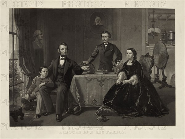 Lincoln and his Family, Portrait of Abraham Lincoln with Wife Mary Todd Lincoln (sitting at right) and Sons Robert (standing) and Thomas (sitting at left), Engraving by William Sartain from a Painting by Samuel Bell Waugh, Published by Bradley & Co., 1866