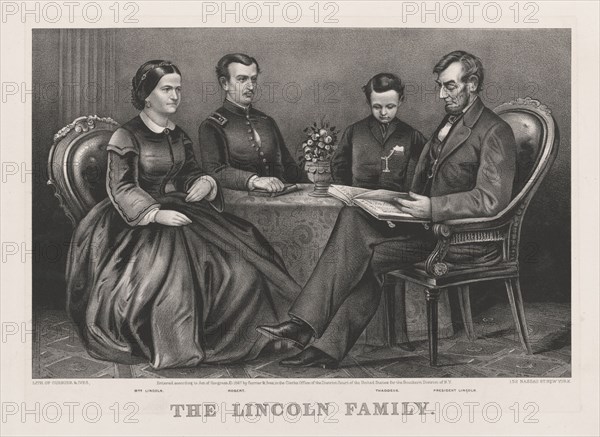 The Lincoln Family, from Left Mary Todd Lincoln, Robert Lincoln, Thomas Lincoln, Abraham Lincoln, Lithograph by Currier & Ives, 1866