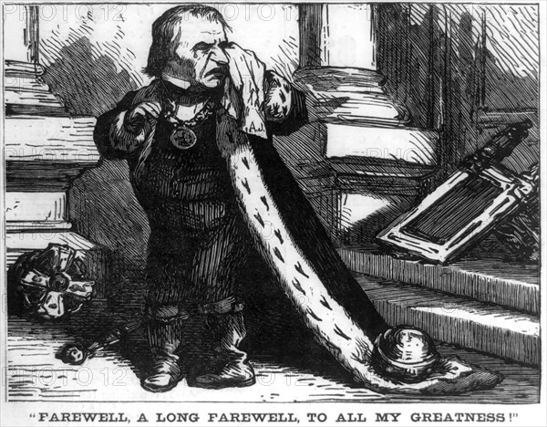 "Farewell, a Long Farewell, to all my Greatness", Caricature showing Andrew Johnson, dressed as a King, Crying, Illustration, Harper's Weekly Magazine, USA, March 13, 1869