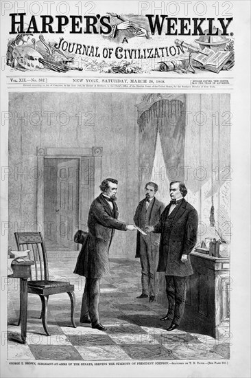 George T. Brown, sergeant-at-arms, serving the summons on President Johnson, Sketch by T.R. Davis, Harper's Weekly, March 28, 1868