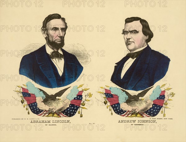 Campaign Banner for the Republican Ticket in 1864 Presidential Election featuring Head and Shoulders Portraits of U.S. President Abraham Lincoln (left) and Andrew Johnson (right), Gabriel Kaehrle, Artist, and H.H. Lloyd & Co., , Lithographer and Publisher, 1864