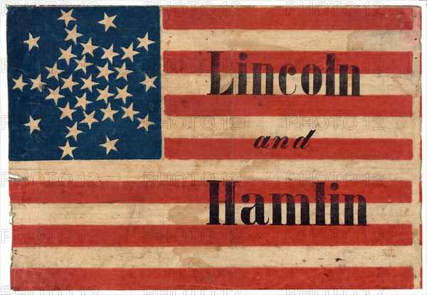 Campaign Banner Consisting of an American Flag Pattern, with Thirty-one Stars, Printed on Fabric with the Words "Lincoln and Hamlin", by H.C. Howard, July 1960