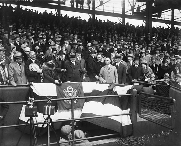 U.S. President Herbert Hoover Throwing out First Pitch during Opening Day of Baseball Season, Griffith Stadium, Washington DC, USA, Harris & Ewing, April 17, 1929