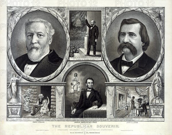 Campaign Banner for 1884 Presidential Election, Republican Ticket, Presidential and Vice-Presidential Candidates James G. Blaine and John A. Logan, "The Republican Souvenir, Standard Bearers and Illustrious Statesmen", Lithograph, R.H. Curran & Co. Publisher, 1884