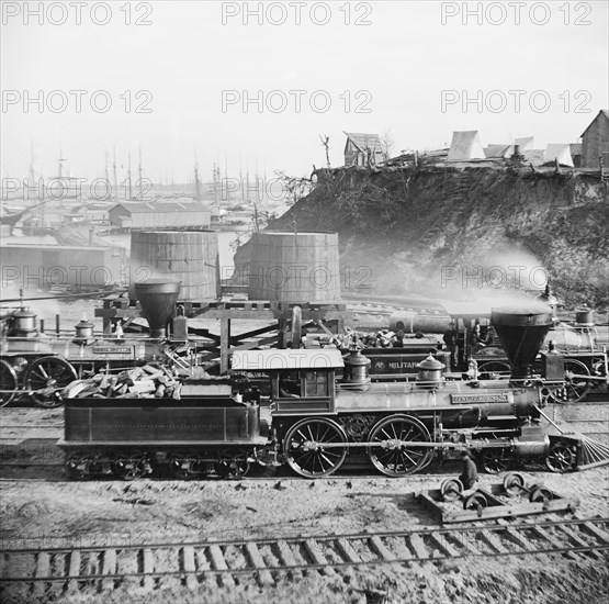 Gen. J.C. Robinson" and other locomotives of the U.S. Military Railroad, Siege of Petersburg, American Civil War, City Point, Virginia, USA, 1864