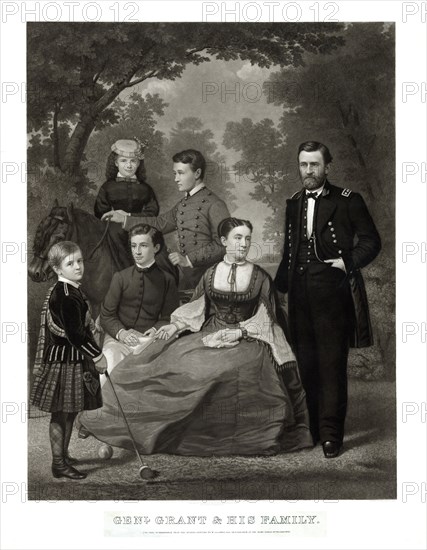 General Grant and his Family, Full-Length Portrait of Ulysses S. Grant standing next to his Wife and four Children, Painted from Life by William Cogswell, Engraving by John Sartain, 1868