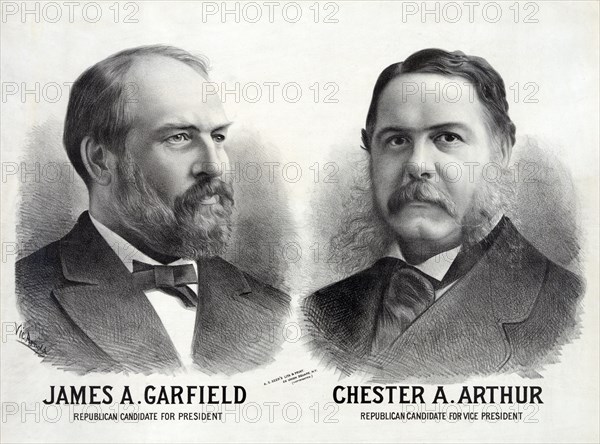 James A. Garfield Republican Candidate for President, Chester A. Arthur Republican Candidate for Vice President, Artwork by Vic Arnold, A.S. Seer's Printing Establishment, 1880