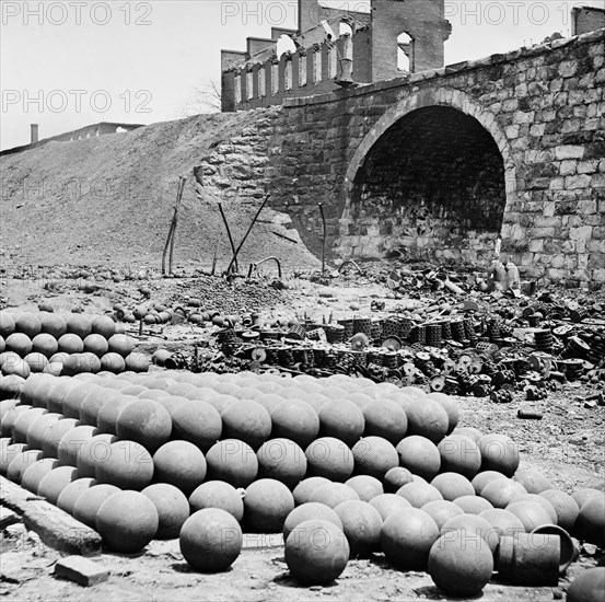 Piles of Solid Shot, Canister, etc., Arsenal Grounds; Richmond & Petersburg Railroad Bridge, American Civil War, Richmond, Virginia, USA, Photograph by Alexander Gardner, 1865