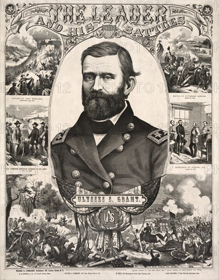 Ulysses S. Grant, Lieutenant-General, USA, Head and Shoulder Portrait, Wearing Military Uniform, with Scenes of Battles from American Civil War, Published by Haasis & Lubrecht, 1866