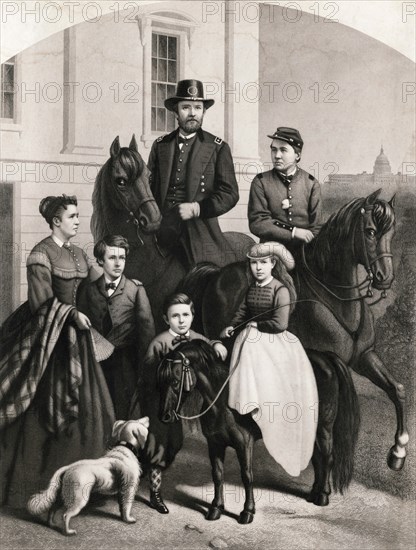 General Grant and his Family, Full-Length Portrait of Ulysses S. Grant standing next to his Wife and four Children, Engraving by Samuel Sartain,  Published by Daughaday & Becker, 1868