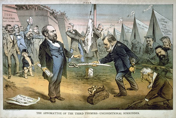 "The Appomattox of Third Termers, Unconditional Surrender", Political Cartoon featuring Ulysses S. Grant and James A. Garfield after Grant's defeat for the Republican Nomination for President, Puck Magazine, 1880