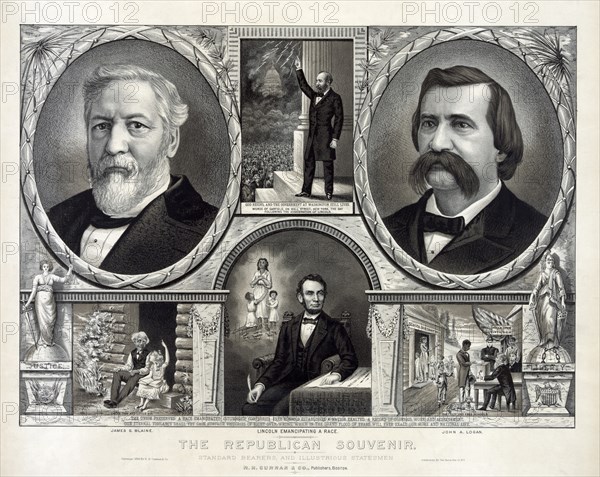 The Republican Souvenir, Standard Bearers & Illustrious Statesmen, Featuring U.S. Presidents Abraham Lincoln and James A. Garfield, and Presidential and Vice-Presidential Candidates James G. Blaine and John A. Logan, Published by R.H. Curren & Co., 1884