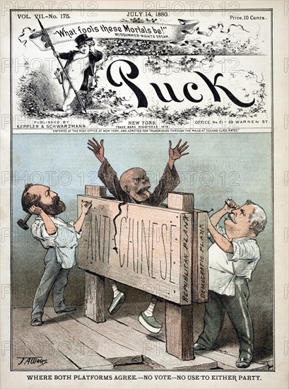 "Where Both Platforms Agree - No Vote - no Use to either Party", Illustration shows James Garfield and Winfield S. Hancock nailing a Chinese man between two "Anti-Chinese" boards labeled "Republican Plank" and "Democratic Plank", Puck Magazine, July 14, 1880