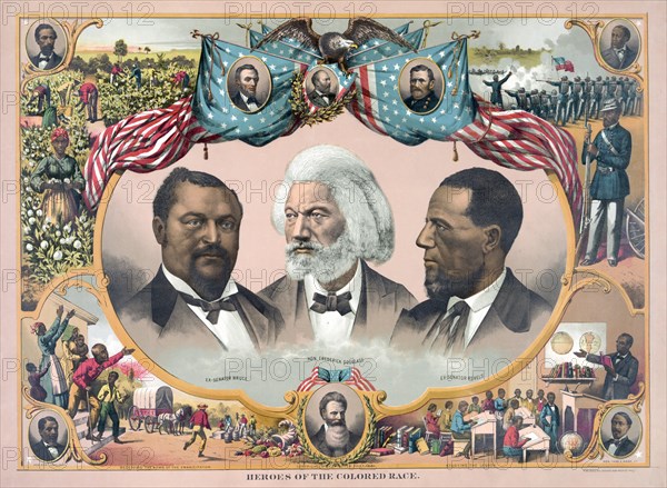 "Heroes of the Colored Race", Featuring Blanche Kelso Bruce, Frederick Douglass, and Hiram Rhoades Revels, Chromolithograph, Published by J. Hoover, Philadelphia, 1881