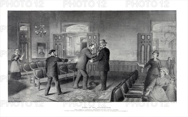 Scene of the Assassination of Gen. James A. Garfield, President of the United States, Lithograph, W.T. Mathews, 1881