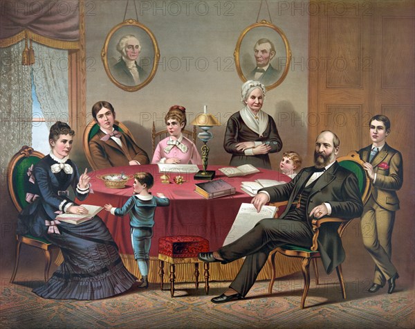 President James A. Garfield and Family, Full-length Portrait, Lithograph, 1881