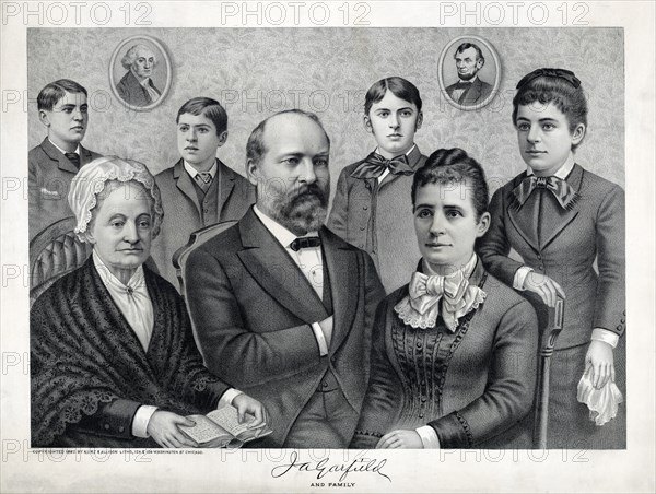 J.A. Garfield and Family, Portrait of U.S. President James A. Garfield Sitting in Parlor with his mother, Eliza, and his wife, Lucretia, and with three sons and daughter standing behind them, Lithograph, Published by Kurz & Allison, 1882