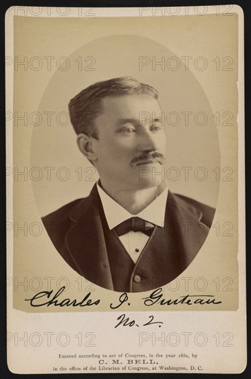 Charles J. Guiteau, Assassin of U.S. President James A. Garfield, Head and Shoulders Portrait taken in Jail, Washington DC, USA, Photograph by Charles Milton Bell, February 6, 1882