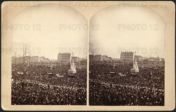Crowd attending Inauguration of U.S. President Rutherford B. Hayes, East Front Grounds of U.S. Capitol Building surrounding Horatio Greenough's statue of George Washington, Washington DC, USA, Stereograph, Brady's National Photographic Portrait Galleries, March 5, 1877