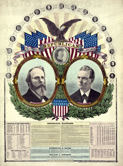 National Republican Chart Featuring Rutherford B. Hayes for President and William A. Wheeler for Vice President, including text of the Republican Platform and Statistical Data for past Presidential Elections, H.H. Lloyd & Co., 1876